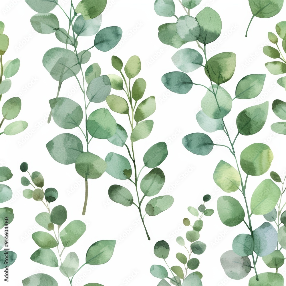 Watercolor seamless pattern of hand-painted silver dollar eucalyptus leaves and branches. Illustration for wrapping paper, textile fabric, or rustic wallpaper. Watercolor seamless pattern of hand-painted silver dollar eucalyptus leaves and branches. Illustration for wrapping paper, textile fabric, or rustic wallpaper.