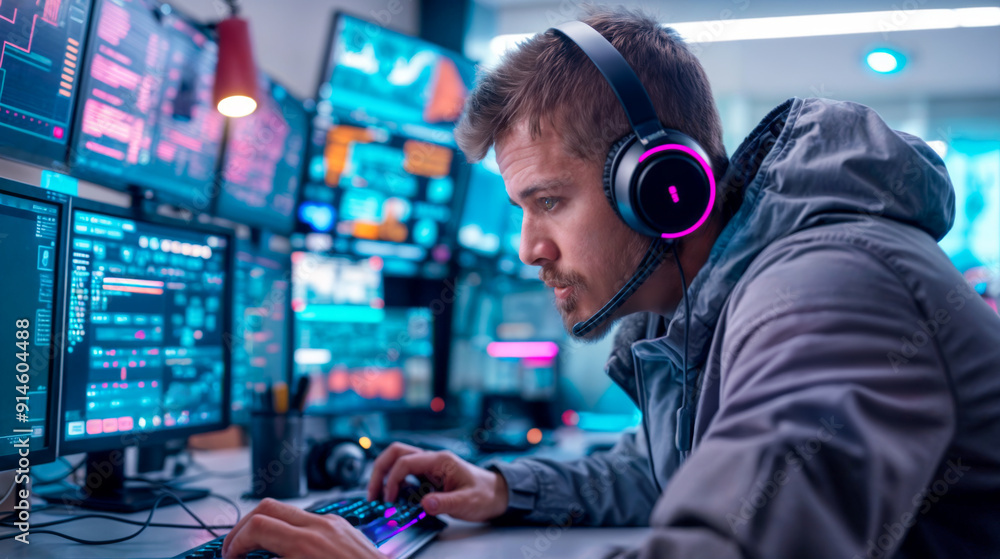 A young man wearing a headset intensely engages with his computer setup, surrounded by vibrant screens displaying complex data A young man wearing a headset intensely engages with his computer setup, surrounded by vibrant screens displaying complex data