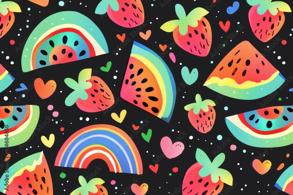 Strawberry and watermelon cartoons with hearts seamless wrapping paper pattern Strawberry and watermelon cartoons with hearts seamless wrapping paper pattern