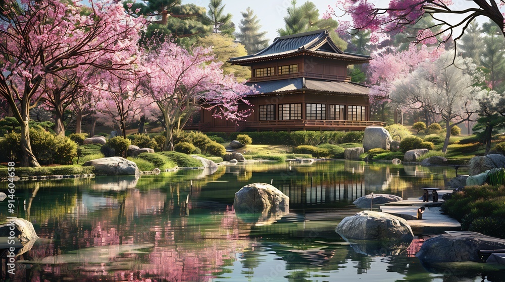A peaceful Japanese garden in spring, featuring cherry blossoms and a traditional wooden house. A peaceful Japanese garden in spring, featuring cherry blossoms and a traditional wooden house.