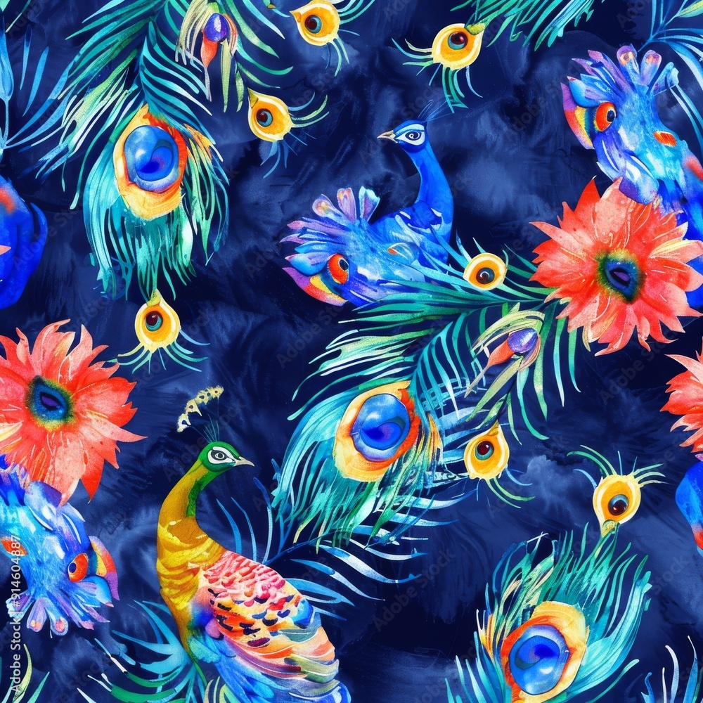 Peacock watercolor seamless pattern on gray Peacock watercolor seamless pattern on gray