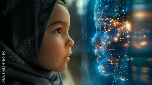 Digital Native Concept, Little Girl Facing her Online Reflection Twin. Internet Identity, Virtual Persona, Cyber Presence, Social Media Profile. Human Connection, Mental Wellness, Blue Light Hologram photo