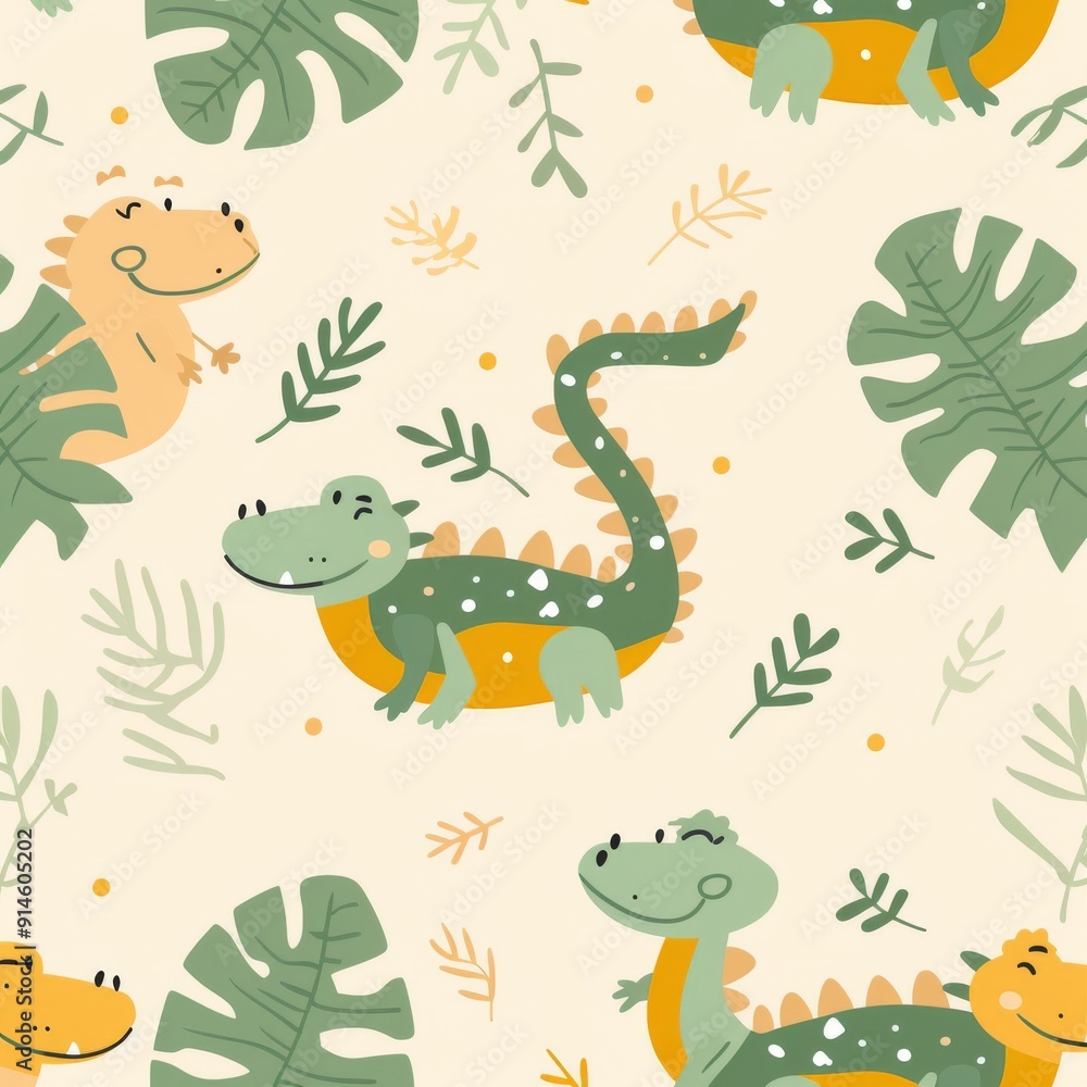 Fototapeta premium Safari alligator seamless pattern on yellow background. Cute pattern for kids, gender neutral.