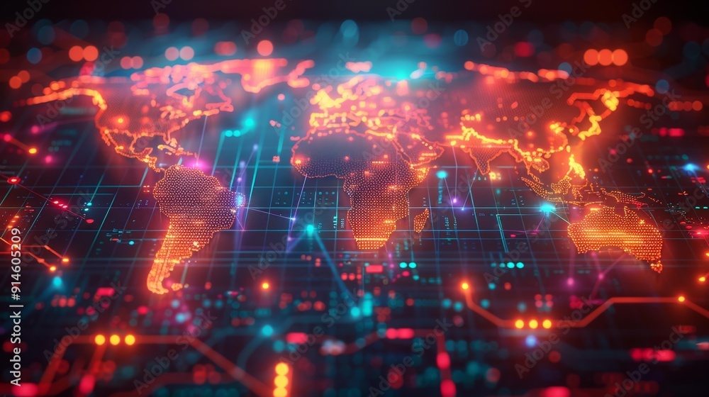 Obraz premium Digital world map with neon lights - generative ai
