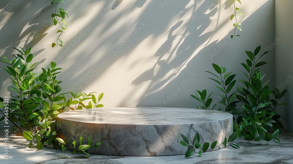 Minimalist stone pedestal with green foliage - generative ai Minimalist stone pedestal with green foliage - generative ai
