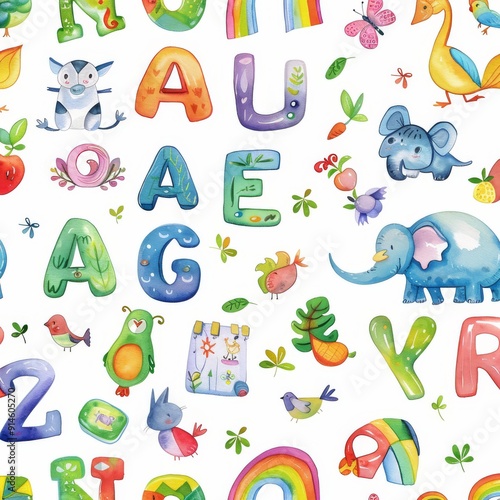 Hand painted watercolor illustration with the English alphabet on a white background. Seamless pattern with watercolor illustrations.