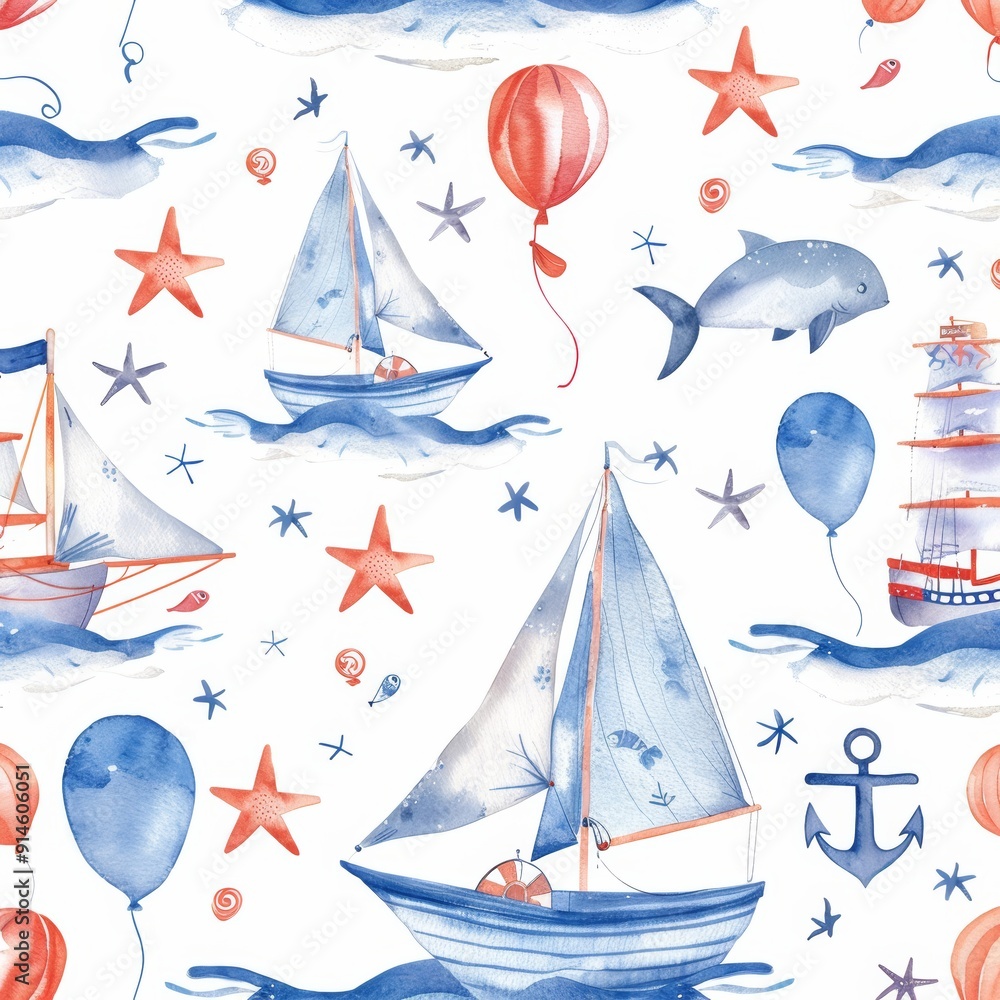 With ships, submarines, sailboats, lighthouses, whales, dolphins, steering wheels, seagulls, spray, a watercolor seamless pattern with children's water transport images With ships, submarines, sailboats, lighthouses, whales, dolphins, steering wheels, seagulls, spray, a watercolor seamless pattern with children's water transport images