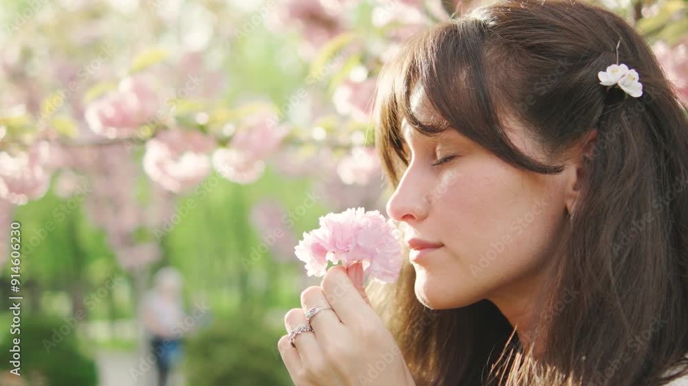 Close-up of happy woman face smelling cherry blossoms flowers in hands, enjoying spring nature Close-up of happy woman face smelling cherry blossoms flowers in hands, enjoying spring nature