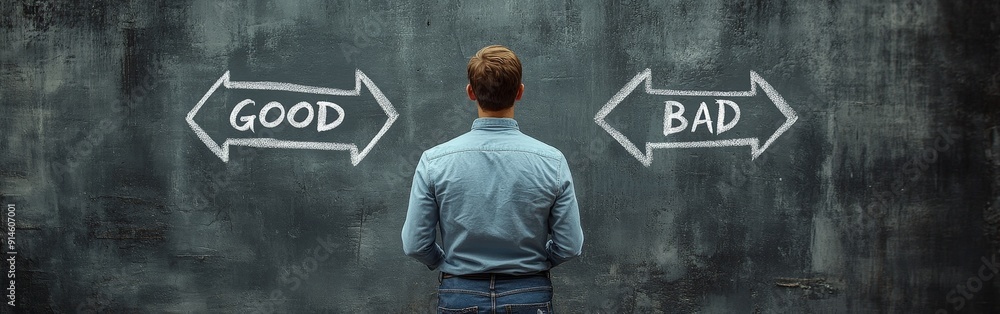 Man Faces Choice Between Good and Bad on Chalkboard Man Faces Choice Between Good and Bad on Chalkboard