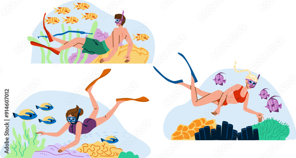 water snorkel vector. travel lifestyle, happy vacation, summer ocean water snorkel character. people flat cartoon illustration water snorkel vector. travel lifestyle, happy vacation, summer ocean water snorkel character. people flat cartoon illustration