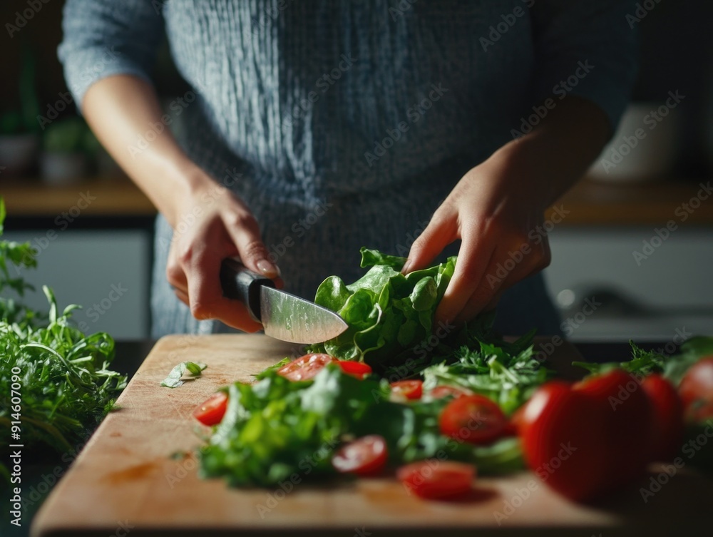 A woman cuts fresh lettuce on a wooden cutting board, preparing a salad or snack A woman cuts fresh lettuce on a wooden cutting board, preparing a salad or snack