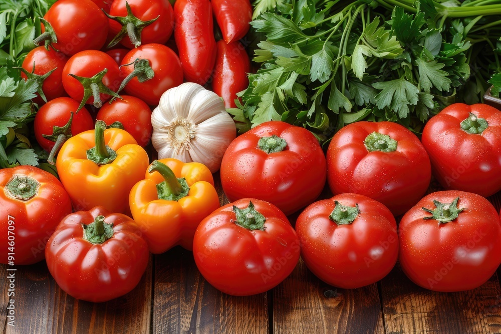 Red Tomatoes, Yellow Peppers, Garlic, and Parsley on Wooden Table Red Tomatoes, Yellow Peppers, Garlic, and Parsley on Wooden Table