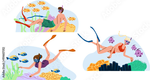 water snorkel vector. travel lifestyle, happy vacation, summer ocean water snorkel character. people flat cartoon illustration