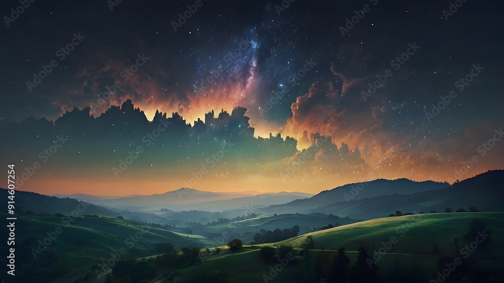 Fototapeta premium panoramic view of a serene valley bathed in the soft glow of twilight 687