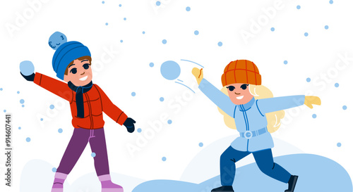 snow snowball fight kid vector. winter snowman, fun holiday, christmas child snow snowball fight kid character. people flat cartoon illustration