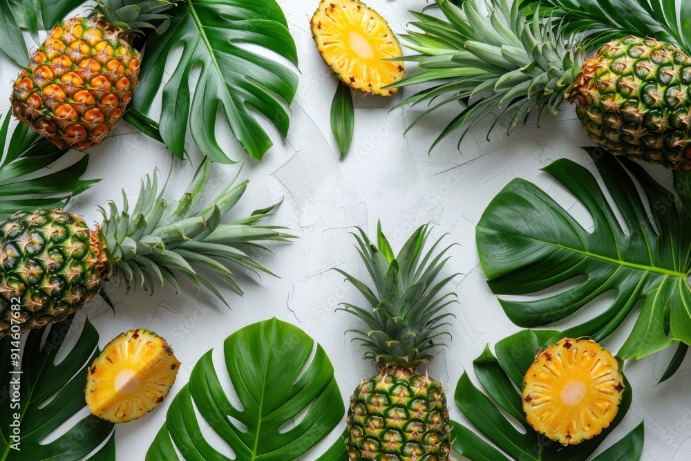Tropical Fruits and Leaves on White Background Tropical Fruits and Leaves on White Background