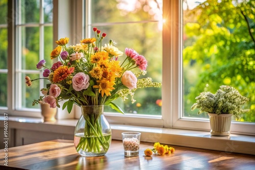 A vase of flowers sits on a table in a room with a window in the background