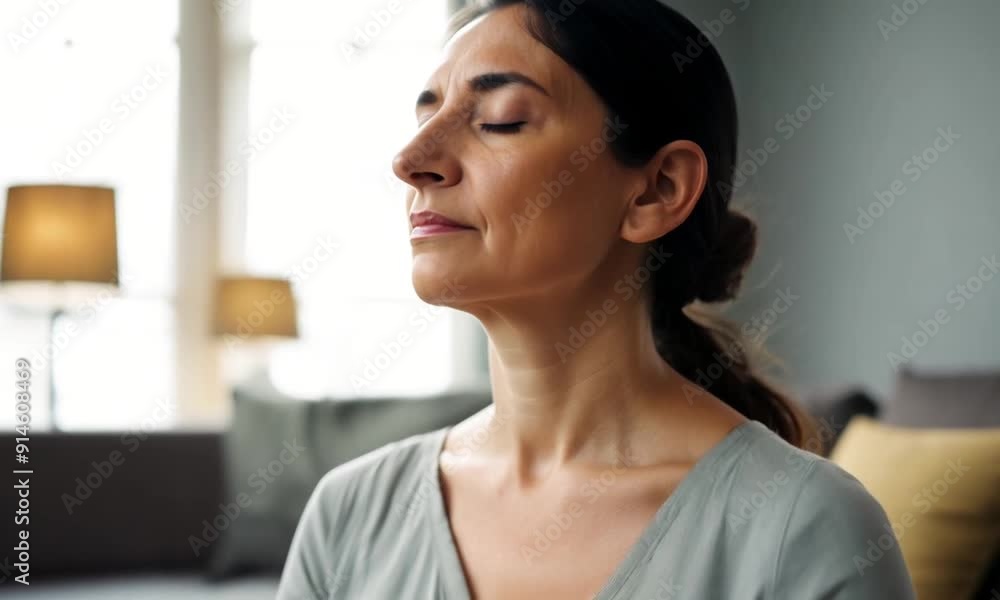 Close up portrait middle aged woman meditating with closed eyes against window background in home living room interior. woman praying at home. copy space Close up portrait middle aged woman meditating with closed eyes against window background in home living room interior. woman praying at home. copy space