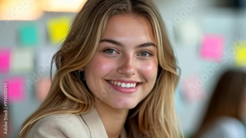 Wallpaper Mural A young woman beams with joy while surrounded by colorful sticky notes in a vibrant coworking space, encapsulating the essence of creativity and collaboration Torontodigital.ca