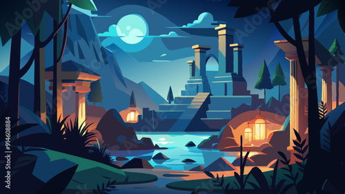  Illustration a darkish night scene with hidden, ancient secrets 