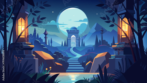  Illustration a darkish night scene with hidden, ancient secrets 