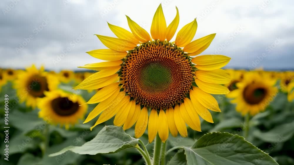 Vast field of blooming sunflowers under dramatic clouds, adding a cheerful touch to the serene countryside. Perfect for nature lovers and summer vibes Vast field of blooming sunflowers under dramatic clouds, adding a cheerful touch to the serene countryside. Perfect for nature lovers and summer vibes
