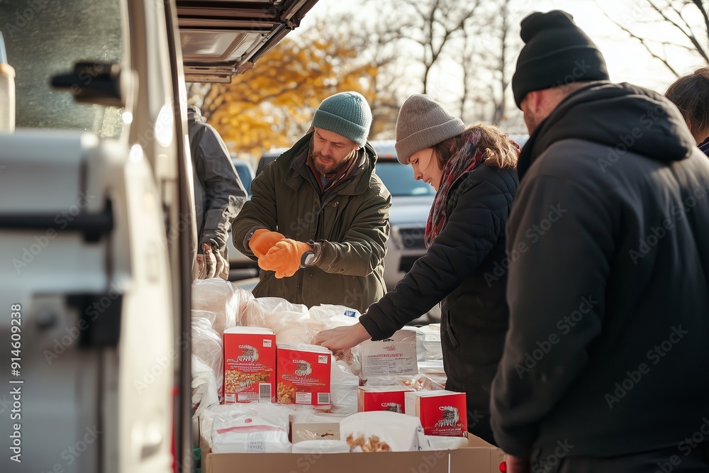 Community Volunteers Distributing Food Packages at Local Park During Crisp Autumn Morning Community Volunteers Distributing Food Packages at Local Park During Crisp Autumn Morning