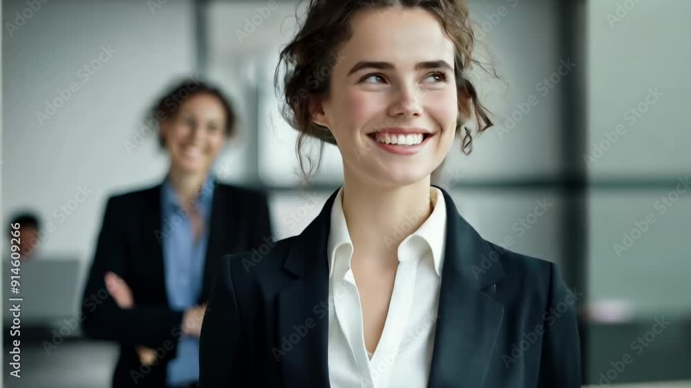 A confident young woman stands in the forefront of a bustling office, smiling warmly as her colleagues engage in discussions in the background A confident young woman stands in the forefront of a bustling office, smiling warmly as her colleagues engage in discussions in the background