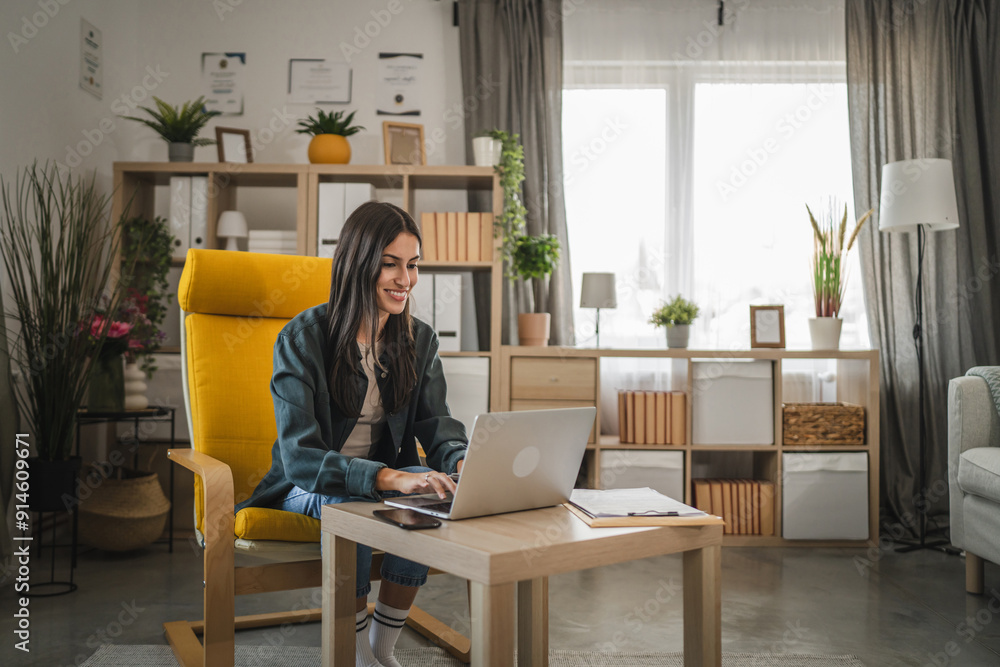 Adult young caucasian woman work from home and use laptop Adult young caucasian woman work from home and use laptop
