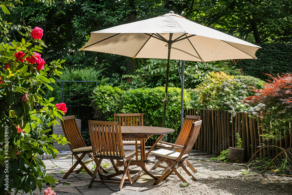 A patio with a white umbrella and a wooden table with four chairs, generative ai. A patio with a white umbrella and a wooden table with four chairs, generative ai.