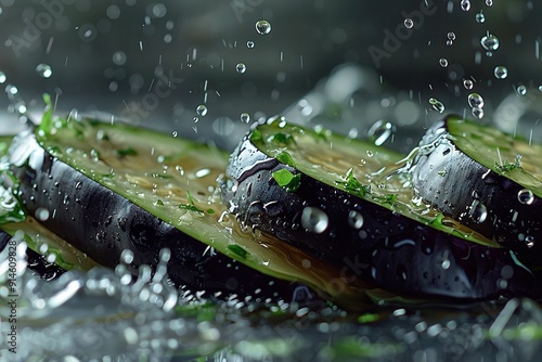   A close-up picture of a cut-up cucumber with water drops on its surface photo