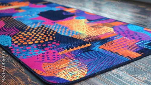 A close-up of a colorful, abstract-patterned rug with vibrant colors and geometric shapes,