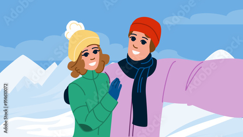 snow winter hike vector. cold nature, mountain travel, lifestyle man snow winter hike character. people flat cartoon illustration