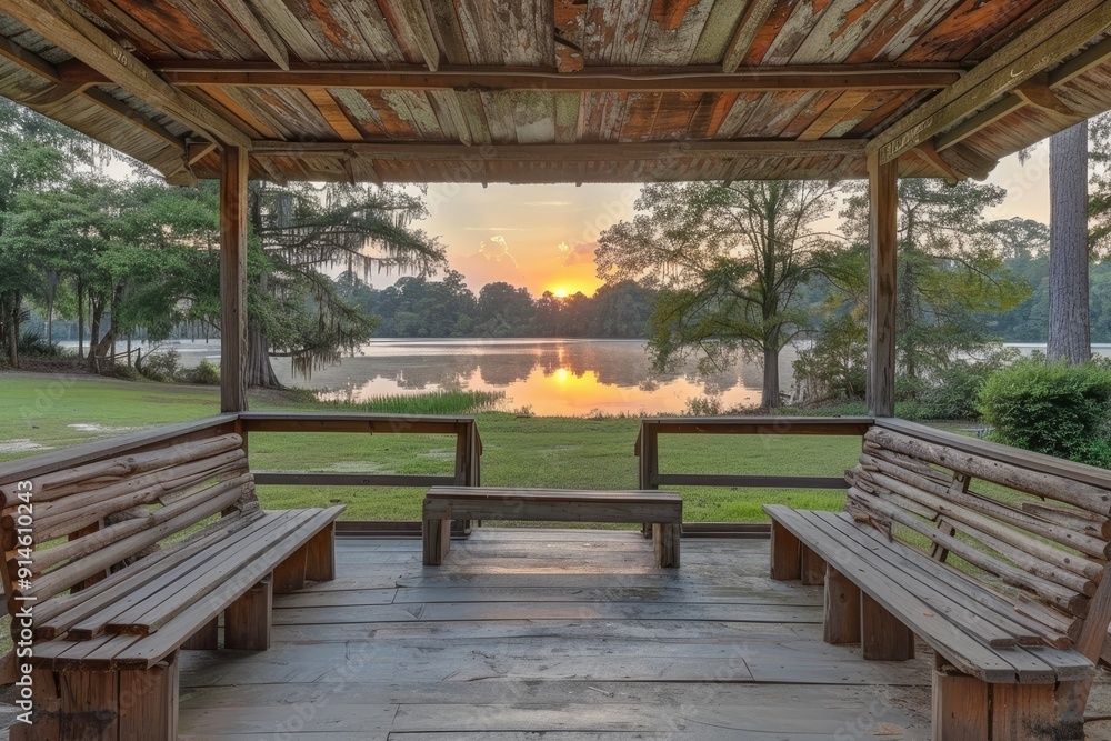 Fototapeta premium Rustic Porch with Lake View at Sunset