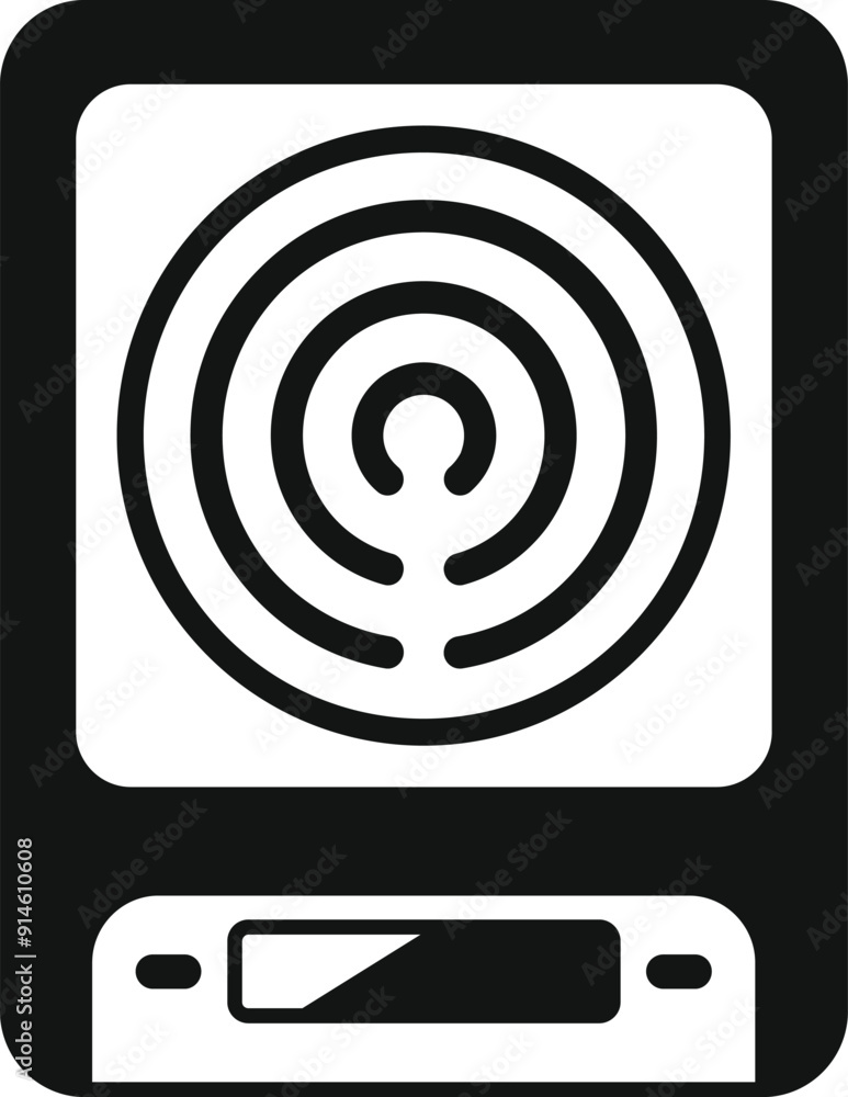 This simple black and white icon represents an induction cooker, a kitchen appliance that uses electromagnetic heating to cook food This simple black and white icon represents an induction cooker, a kitchen appliance that uses electromagnetic heating to cook food