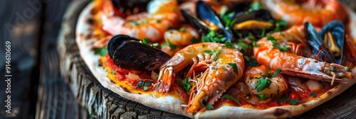 Close up of traditional Italian seafood pizza with king prawns blue mussels and calamaretti on a rustic board