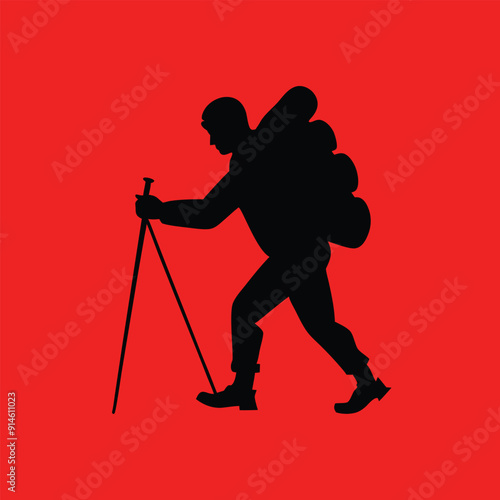 a hiker hiking on a mountain. vector illustration 