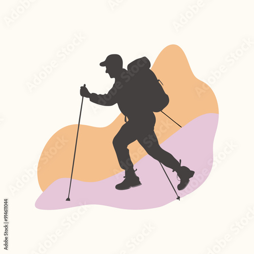 a hiker hiking on a mountain. vector illustration 