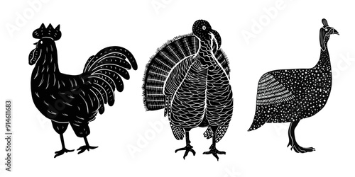 guinea fowl bird, peacock, turkey bird isolated linocut, sketch of birds, line art