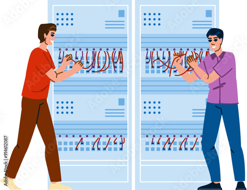 connection technician connecting cable vector. wiring installation, network troubleshooting, maintenance signal connection technician connecting cable character. people flat cartoon illustration
