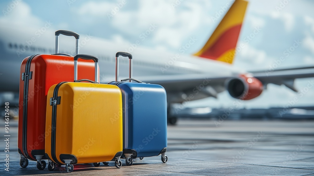 3d animation of multi-colored suitcases against the background of an airplane at the airport 3d animation of multi-colored suitcases against the background of an airplane at the airport