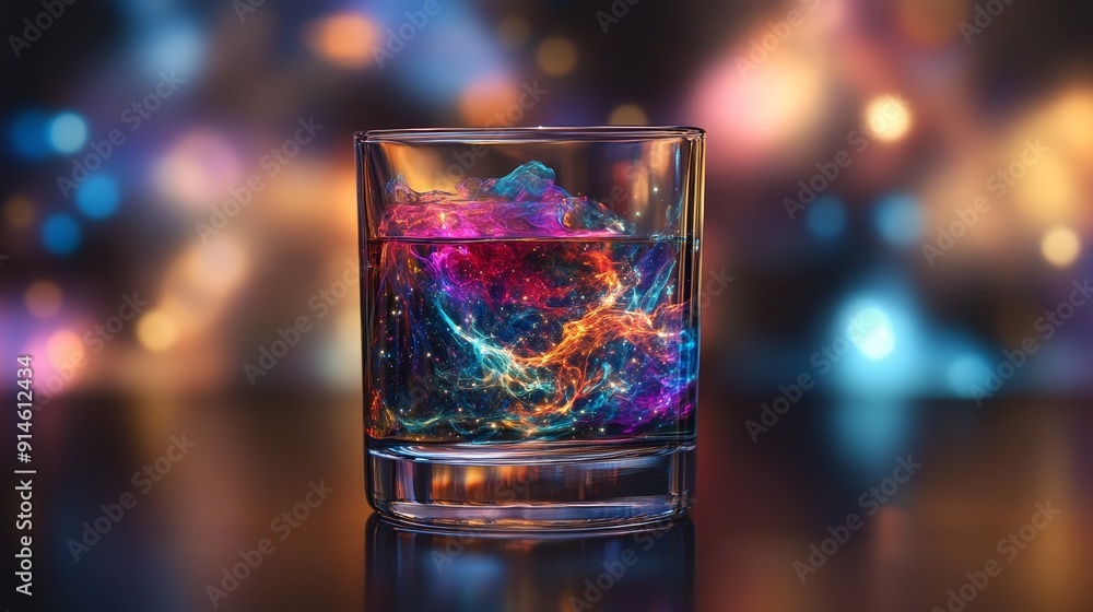 3D animation of a glass filled with a colorful galaxy on a light background 3D animation of a glass filled with a colorful galaxy on a light background