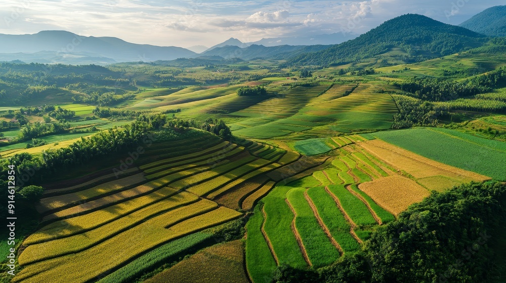 Obraz premium A 3D animation of a scenic aerial view of lush green terraced fields in a hilly landscape