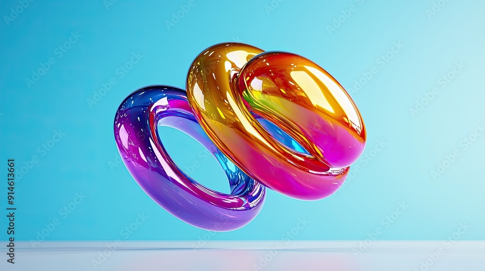 Vibrant abstract rings in purple, orange, and gold colors, floating against a light blue background, perfect for modern designs. Vibrant abstract rings in purple, orange, and gold colors, floating against a light blue background, perfect for modern designs.