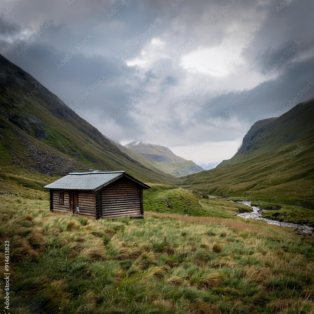 A wooden cabin sits on a hill next to a small river in front of a huge valley on a gloomy day with grey clouds in the sky. A wooden cabin sits on a hill next to a small river in front of a huge valley on a gloomy day with grey clouds in the sky.