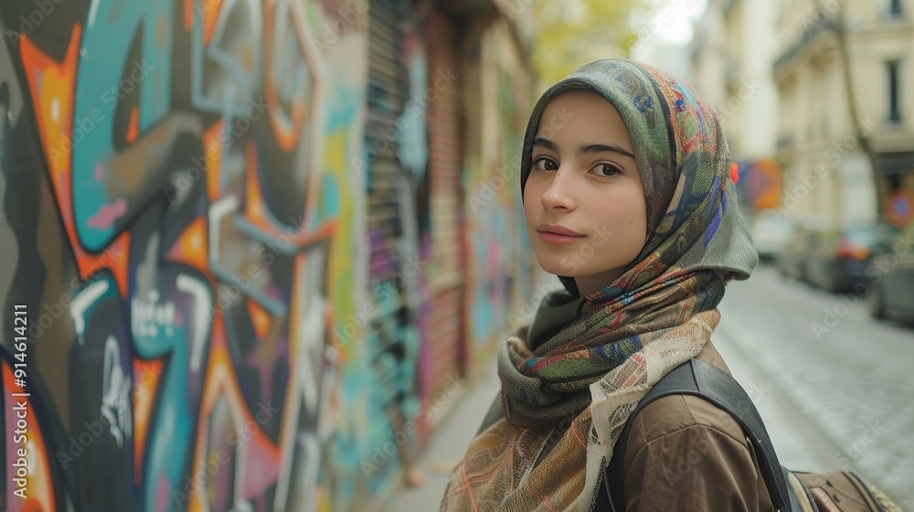 Fototapeta premium A woman wearing a scarf stands in front of a wall covered in graffiti