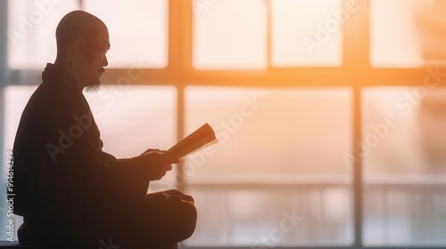 Buddhist scholar, reading sutras, selective focus, sacred texts, ethereal, silhouette, study room photo