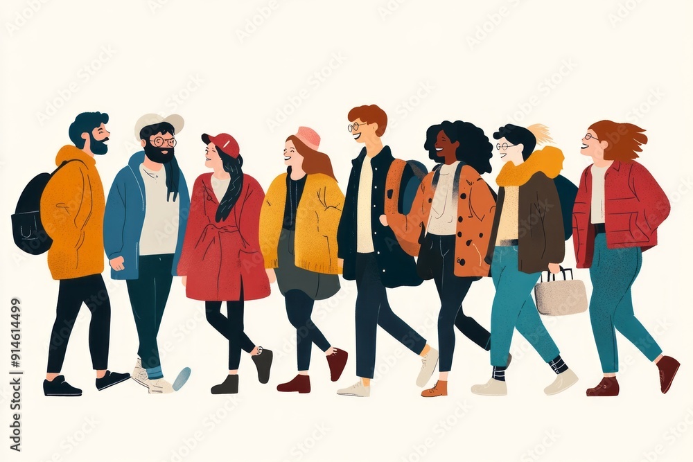 Obraz premium Group of diverse people of ethnicity walking together in harmony, inclusion, togetherness, diversity