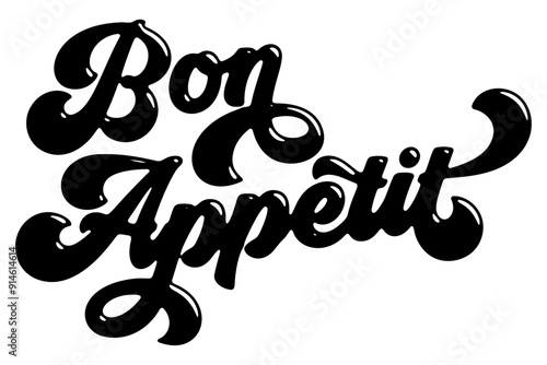French words ‘Bon Appétit’ written in stylized retro bubble script lettering