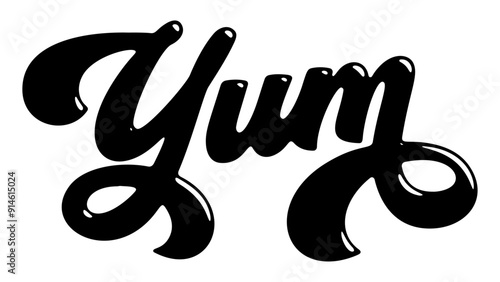 Word ‘Yum’ written in stylized retro bubble script lettering